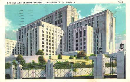 Postcard showing the Art Deco architecture of the Los Angeles General Hospital in California, 1930s