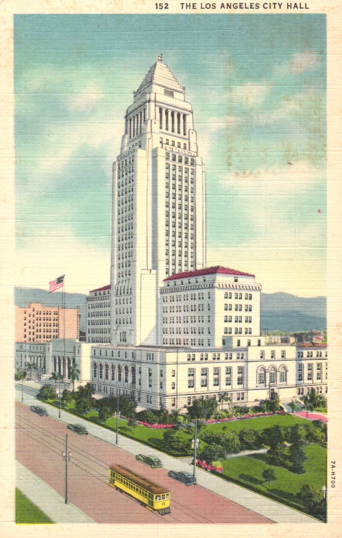 Linen Postcard of The Los Angeles City Hall building with trolley car, Los Angeles, California c. (1 of 2)