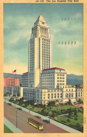 Linen postcard showing the iconic Art Deco skyscraper, Los Angeles City Hall, in downtown