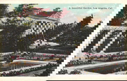 Postcard showing a beautiful garden with reflecting pool & pergola in Los Angeles, California 1920s