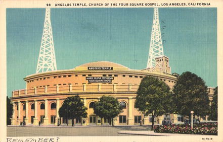 Linen postcard of the Angelus Temple, Church of the Four Square Gospel in Los Angeles, California.