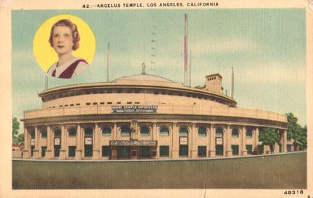 Postcard of the Angelus Temple in Los Angeles, California with inset portrait of Aimee Semple