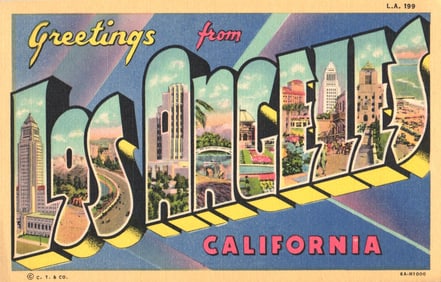 Greetings from Los Angeles, California Large Letter Linen Postcard Showing City Scenes Circa 1930s