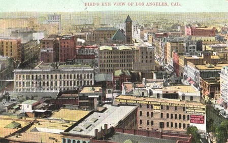 Postcard showing a bird's eye view of downtown Los Angeles, California with Times Mirror Building c.