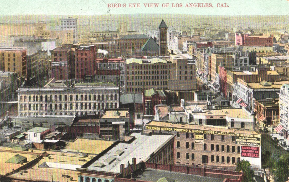 Postcard showing a bird's eye view of downtown Los Angeles, California with Times Mirror Building c.: You are bidding on an original postcard and not a reprint. Please view photos for further description and condition considerations. Please know the scans may be darker or lighter than the actual item'