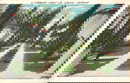 Postcard of a classic Bungalow Court with cypress trees and manicured lawns, Los Angeles,