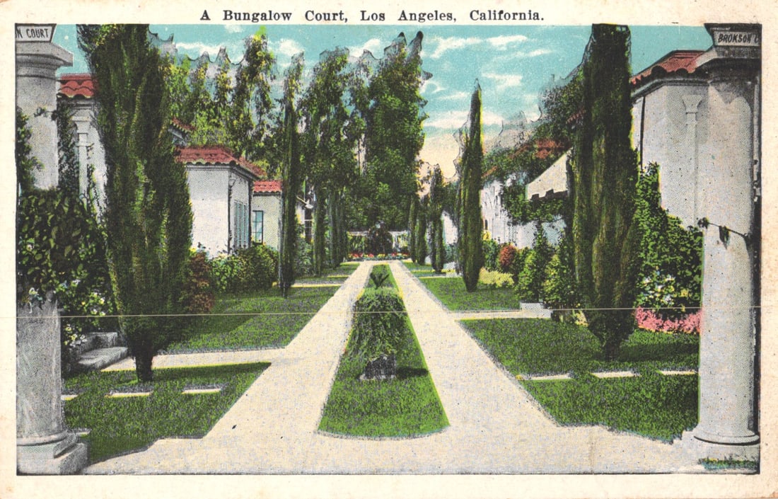 Postcard of a classic Bungalow Court with cypress trees and manicured lawns, Los Angeles,: You are bidding on an original postcard and not a reprint. Please view photos for further description and condition considerations. Please know the scans may be darker or lighter than the actual item'