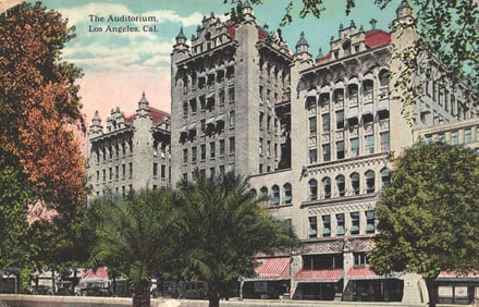 Postcard showing The Auditorium building with ornate architecture in Los Angeles, California c.