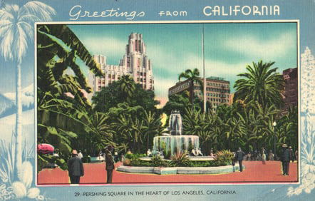 Linen postcard showing Pershing Square fountain and gardens in the heart of Los Angeles, California.