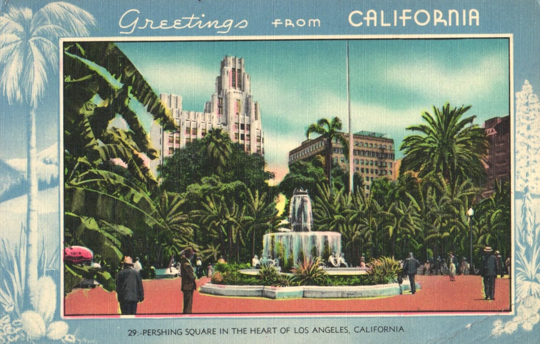 Linen postcard showing Pershing Square fountain and gardens in the heart of Los Angeles, California.: You are bidding on an original postcard and not a reprint. Please view photos for further description and condition considerations. Please know the scans may be darker or lighter than the actual item'