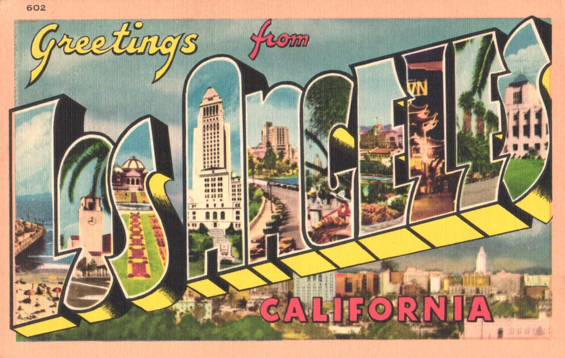Greetings from Los Angeles, California large letter linen postcard with city views, City Hall, circa (1 of 2)