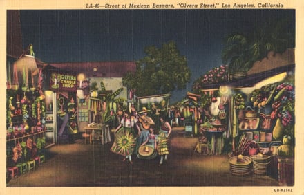Linen postcard of the Street of Mexican Bazaars on Olvera Street at night in Los Angeles,
