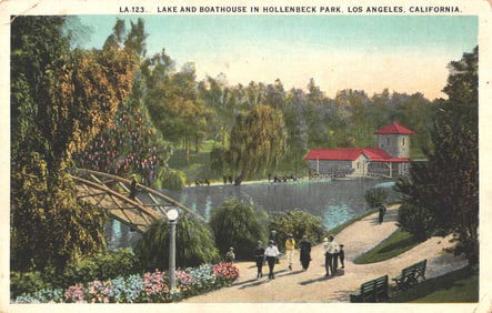Postcard showing the Lake, Boathouse, and bridge in Hollenbeck Park, Los Angeles, California c.