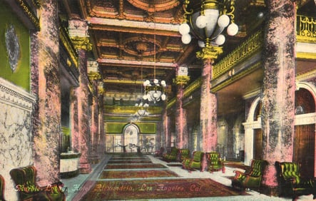 Postcard of the opulent Marble Lobby inside the historic Hotel Alexandria, Los Angeles, California.