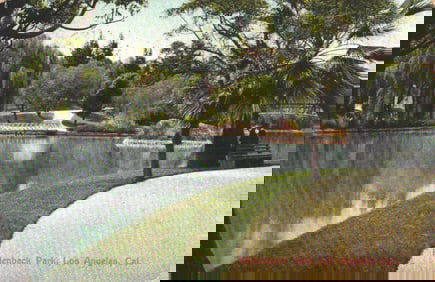 Postcard featuring a scenic lake with weeping willows in Hollenbeck Park, Los Angeles, California.