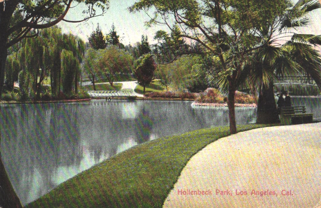 Postcard featuring a scenic lake with weeping willows in Hollenbeck Park, Los Angeles, California. (1 of 2)