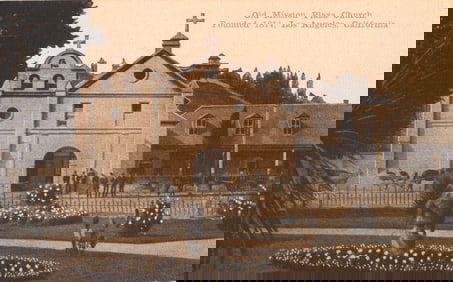Postcard showing the Old Mission Plaza Church in Los Angeles, California, founded 1814, circa 1910s