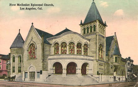 Postcard view of the First Methodist Episcopal Church with stained glass windows in Los Angeles,
