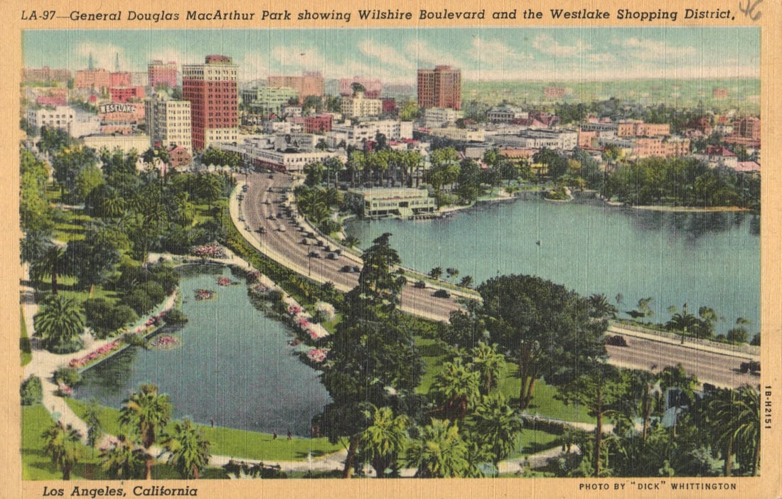 Postcard showing General Douglas MacArthur Park, Wilshire Boulevard, Los Angeles, California c.: You are bidding on an original postcard and not a reprint. Please view photos for further description and condition considerations. Please know the scans may be darker or lighter than the actual item'