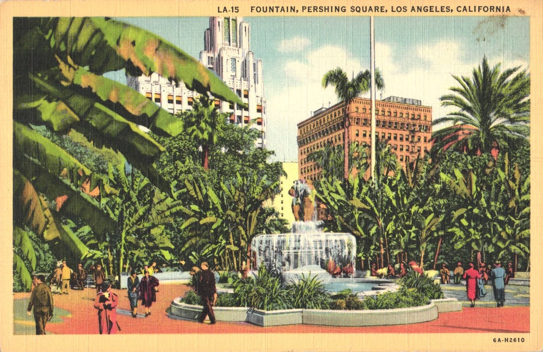 Postcard of the fountain and gardens at Pershing Square in Downtown Los Angeles, California c.: You are bidding on an original postcard and not a reprint. Please view photos for further description and condition considerations. Please know the scans may be darker or lighter than the actual item'