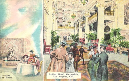 Postcard view of the Peacock Tea Room & grand lobby of the Hotel Alexandria, Los Angeles,