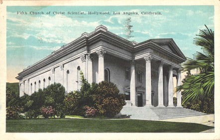 Postcard showing the Fifth Church of Christ Scientist in Hollywood, Los Angeles, California c. 1936
