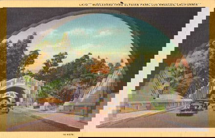 Linen postcard showing the scenic boulevard tunnels through Elysian Park, Los Angeles, California.