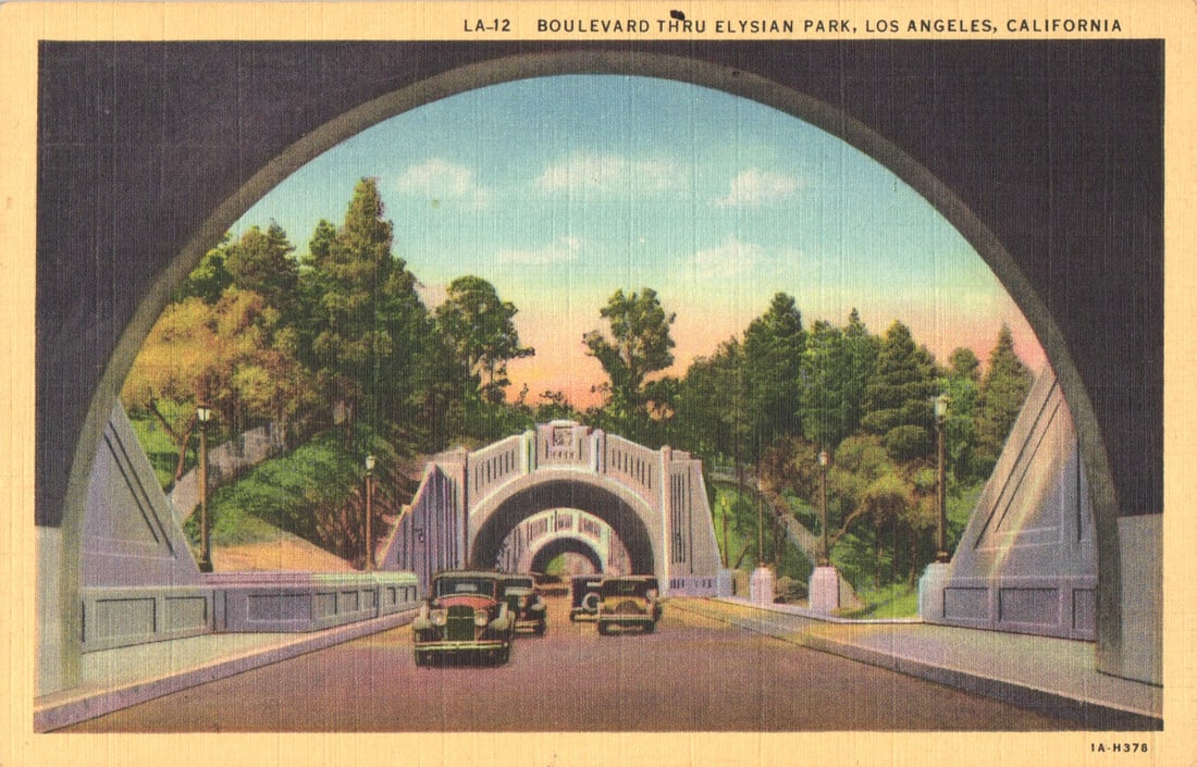Linen postcard showing the scenic boulevard tunnels through Elysian Park, Los Angeles, California.: You are bidding on an original postcard and not a reprint. Please view photos for further description and condition considerations. Please know the scans may be darker or lighter than the actual item'