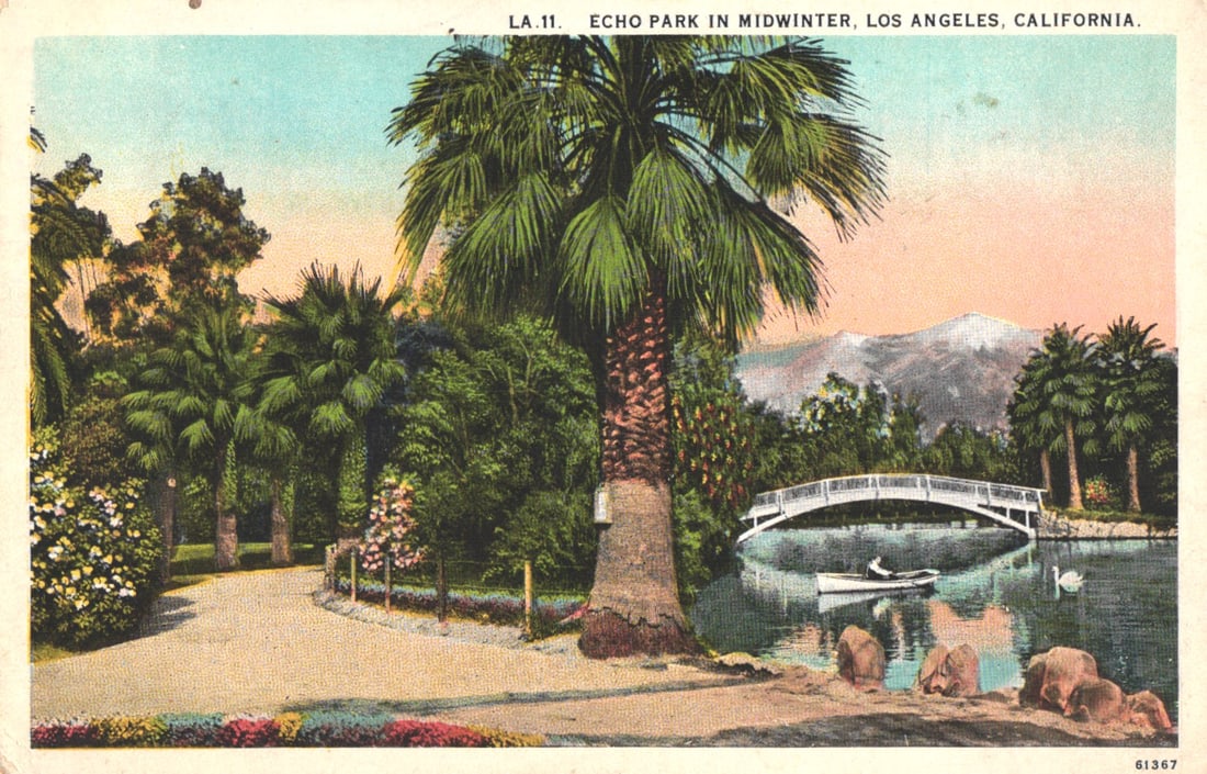 Postcard view of Echo Park in midwinter, Los Angeles, California showing the lake and bridge.: You are bidding on an original postcard and not a reprint. Please view photos for further description and condition considerations. Please know the scans may be darker or lighter than the actual item'