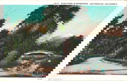 Linen postcard view of Echo Park in Midwinter, Los Angeles, California with bridge and swans.