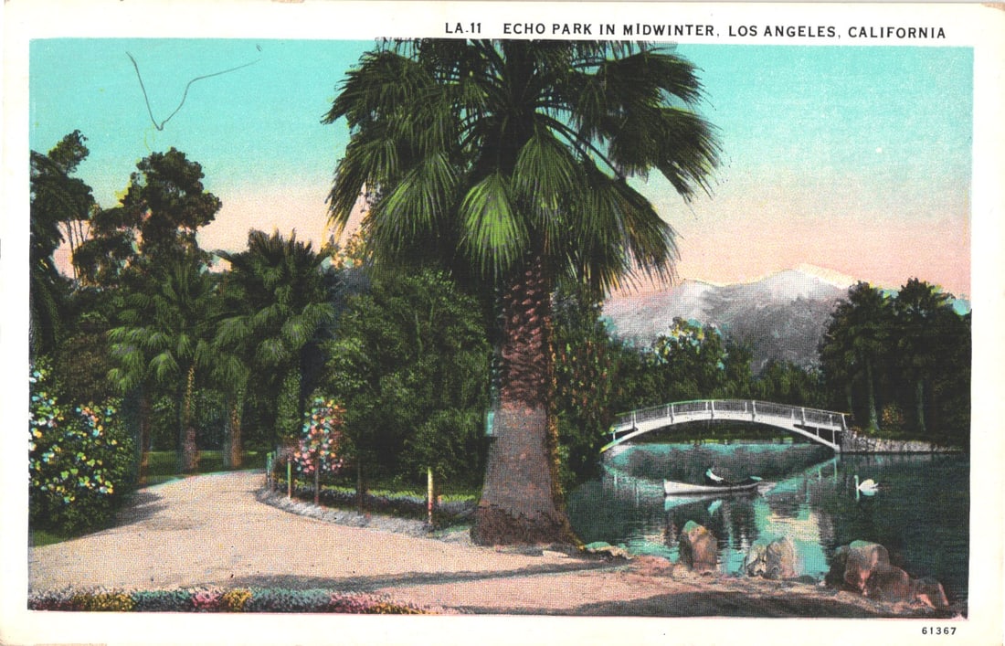Linen postcard view of Echo Park in Midwinter, Los Angeles, California with bridge and swans.: You are bidding on an original postcard and not a reprint. Please view photos for further description and condition considerations. Please know the scans may be darker or lighter than the actual item'