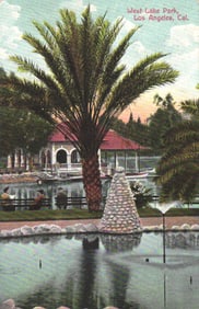 Postcard showing West Lake Park in Los Angeles, California with its lake, palm tree, and pavilion