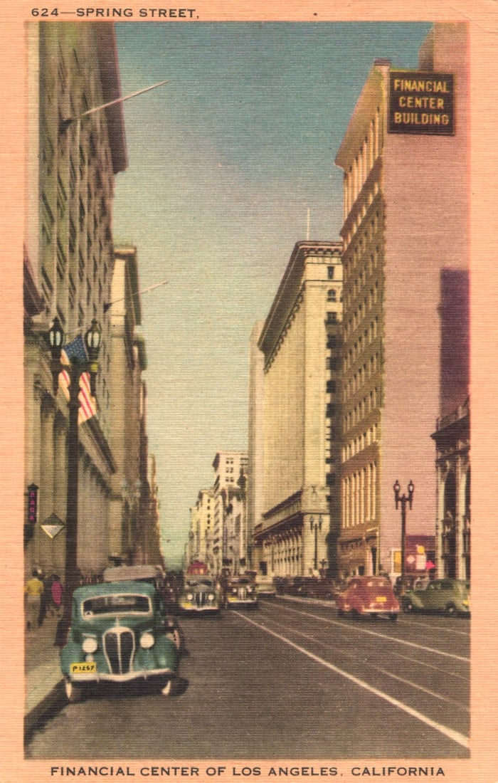 Postcard showing the Financial Center Building on Spring Street in Los Angeles, California, c. 1940s (1 of 2)