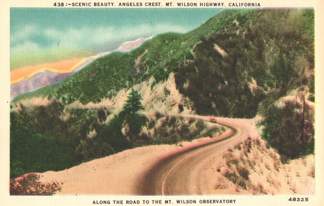 Linen postcard of the scenic Angeles Crest and Mt. Wilson Highway in Southern California, c. 1940s (1 of 2)