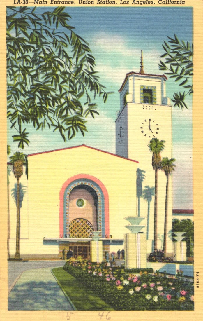 Linen postcard of the imposing Spanish architecture of Union Station's entrance, Los Angeles, (1 of 2)