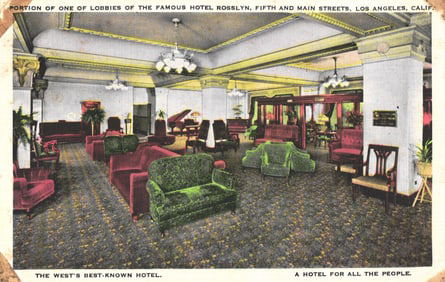 Postcard of a lobby in the famous Hotel Rosslyn at Fifth & Main, Los Angeles, California c. 1920s