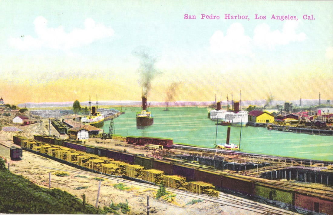 Postcard of San Pedro Harbor in Los Angeles, California showing early steamships and a lumber train.: You are bidding on an original postcard and not a reprint. Please view photos for further description and condition considerations. Please know the scans may be darker or lighter than the actual item'