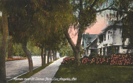 Postcard view of residential homes near St. James Park in Los Angeles, California, early 1900s.