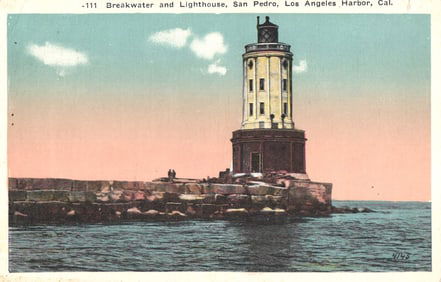 Postcard showing the Breakwater and Lighthouse in San Pedro, Los Angeles Harbor, California c. 1910s