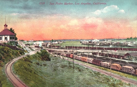 Postcard view of the bustling railroad yards and freight trains at San Pedro Harbor, Los Angeles,