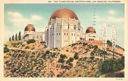 Postcard showing The Planetarium at Griffith Park, Los Angeles, California on a sunny day c. 1930s