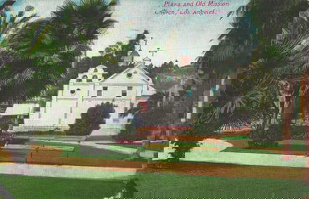 Postcard view of the historic Plaza and Old Mission Church with lush palm trees in Los Angeles,