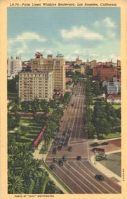 Postcard of Palm Lined Wilshire Boulevard, a main thoroughfare in Los Angeles, California c. 1940s.