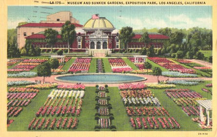Linen postcard showing the Museum and Sunken Gardens with colorful flower beds, Los Angeles,