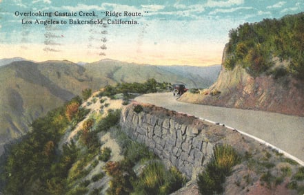 Postcard of a touring car on the scenic Ridge Route between Los Angeles and Bakersfield, California.