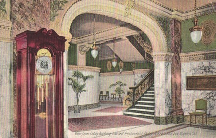 Postcard showing the opulent lobby and grand staircase of the Hotel Alexandria, Los Angeles,
