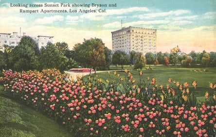 Postcard looking across Sunset Park showing Bryson and Rampart Apartments in Los Angeles, California