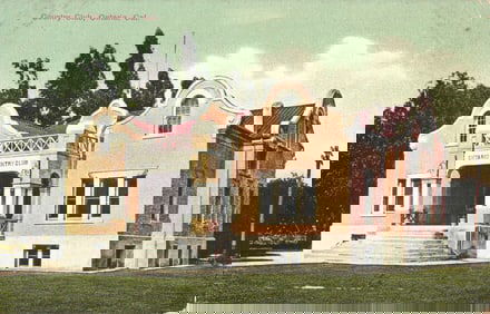 Postcard of the Ontario Country Club, a Mission Revival building in Ontario, California c. 1910s.
