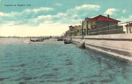 Postcard showing the Lagoon at Naples, California with gondolas along the seawall, early 1910s.