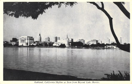 Postcard showing the Oakland, California skyline as seen from across Lake Merritt, c. 1910s view.